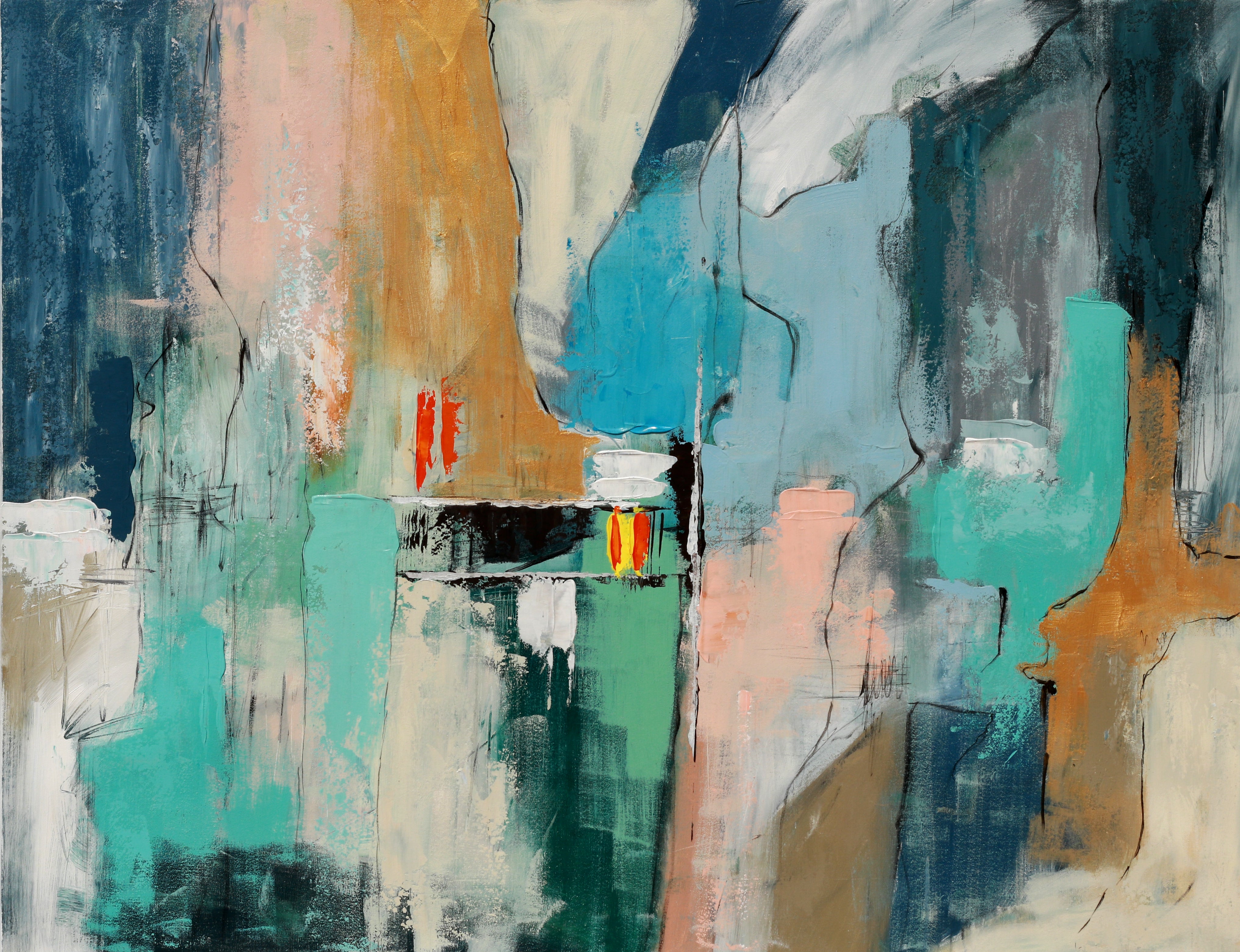 Fading Terrains abstract painting with layered teal, turquoise, pale blue, cream, peach and ochre geometric forms