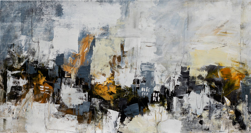 Golden Faultline abstract painting with a pale cream-grey textured ground and charcoal, blue-grey and ochre-gold marks