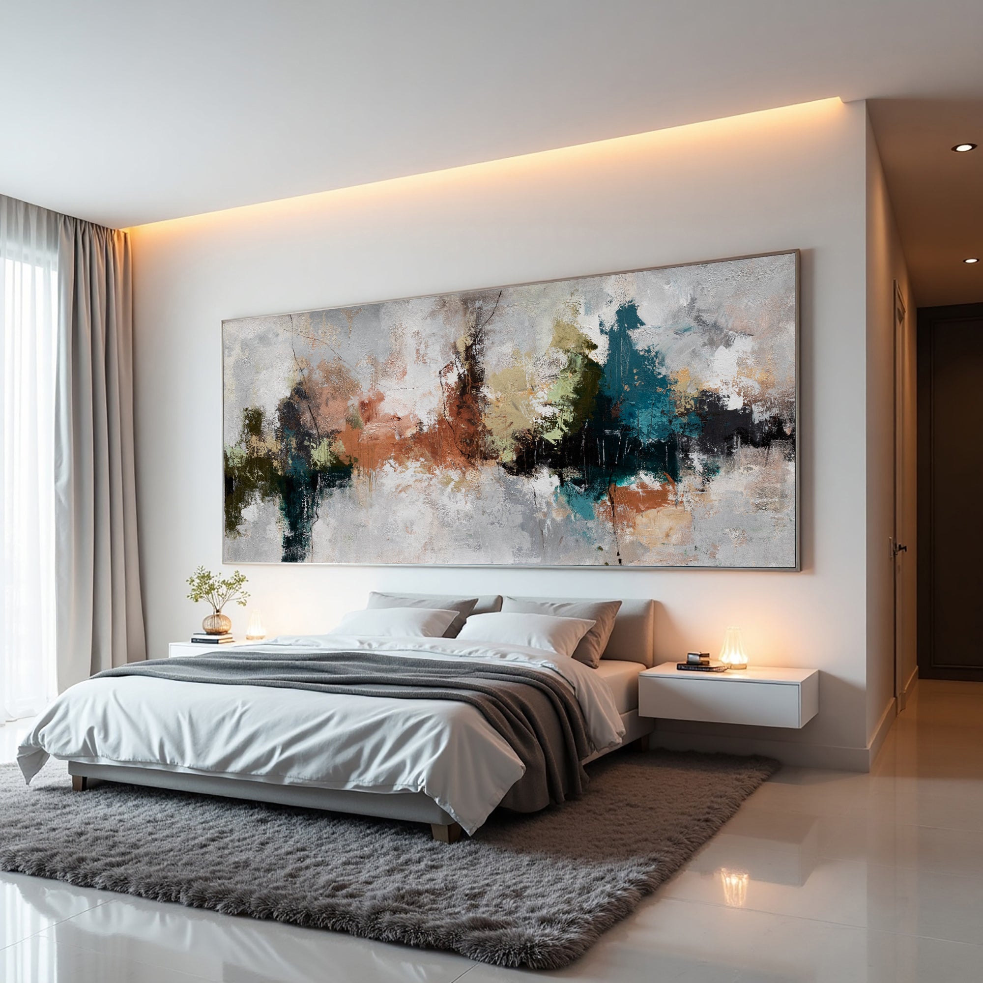 Wide Quiet Divide abstract painting in cream, grey, teal and rust above a bed in a contemporary bedroom