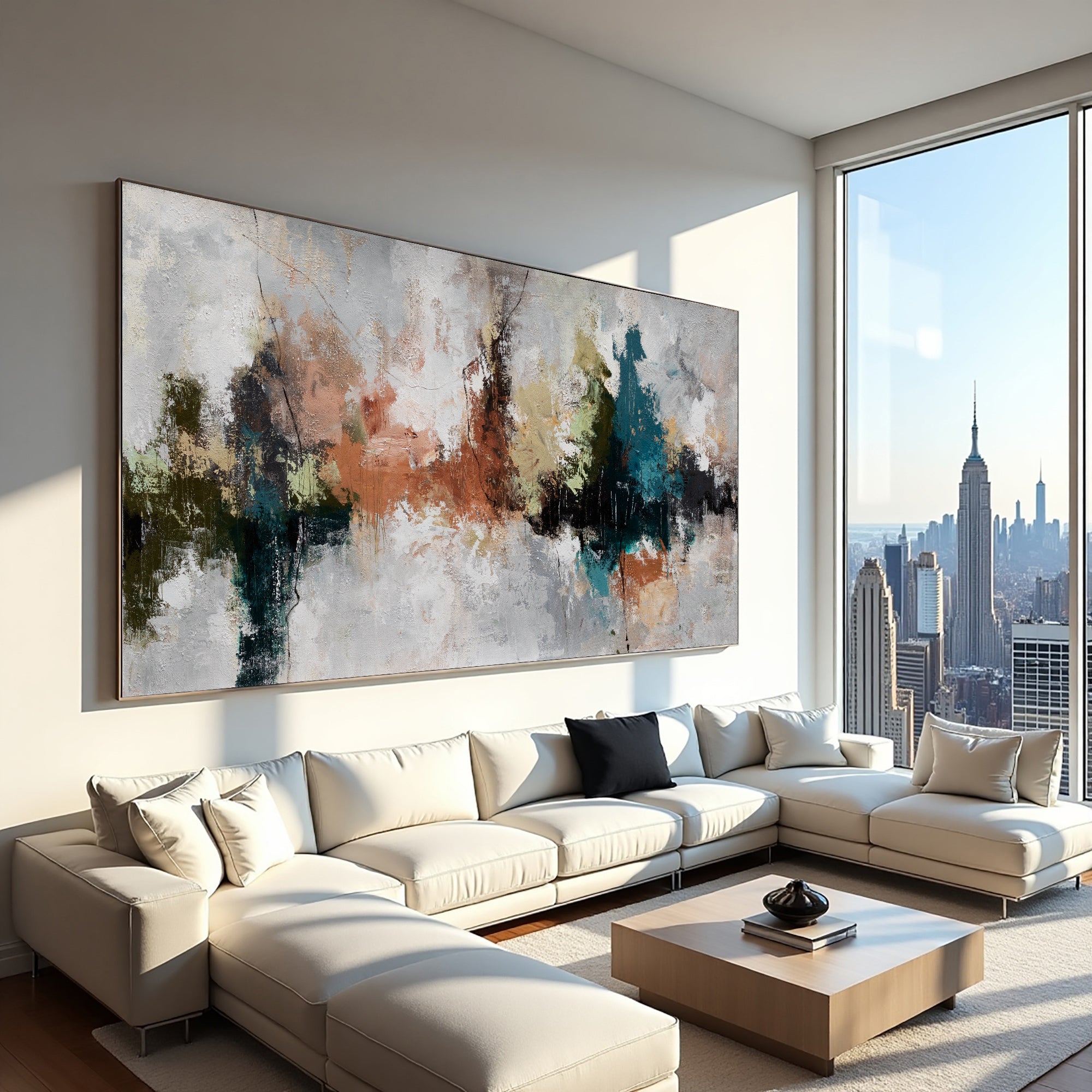 Quiet Divide textured abstract painting with teal and rust marks above a sectional sofa overlooking a city skyline