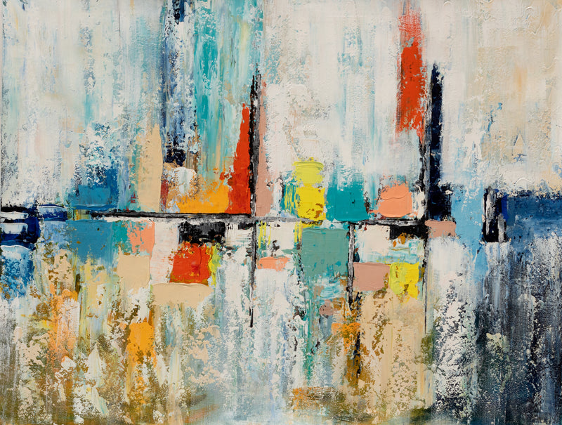 Skyline in Silence textured abstract painting with a dark horizontal line, pale layers and turquoise, blue, orange and yellow architectural-inspired forms