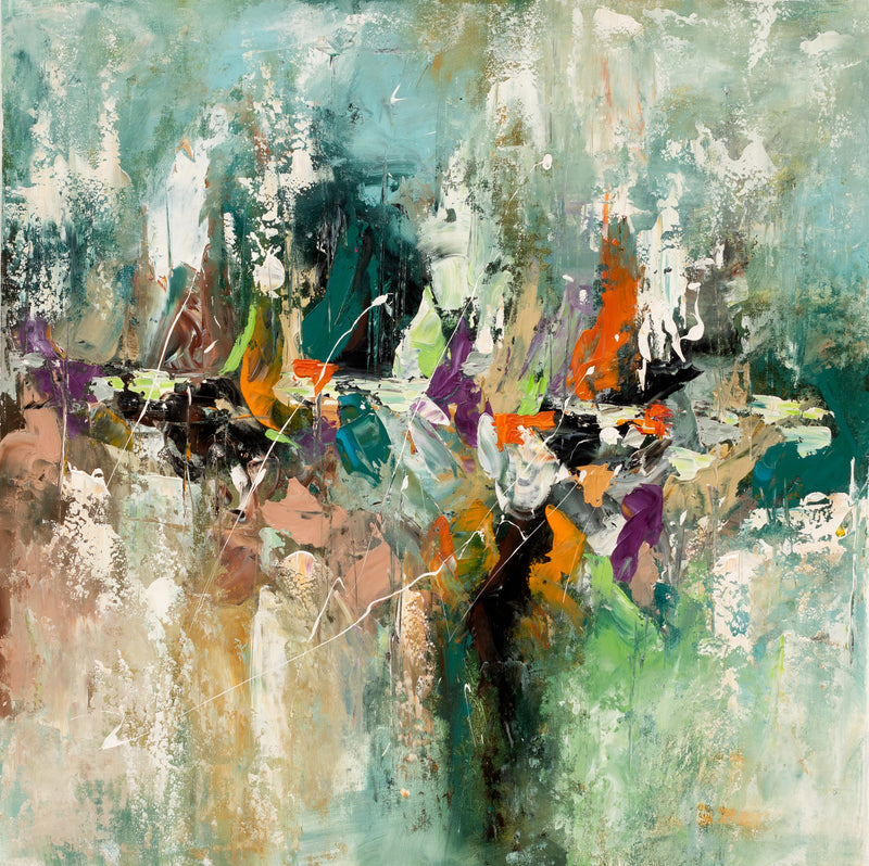Soft Convergence square textured abstract painting with pale aqua, mint, cream and peach layers surrounding central teal, black, orange and purple marks