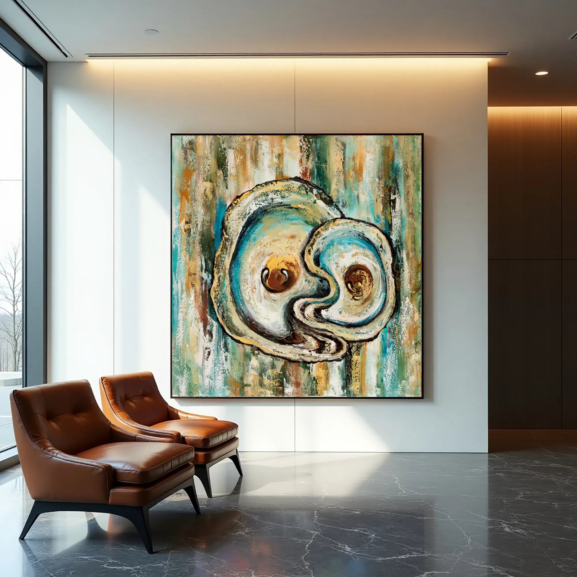 Tidal Echoes circular abstract painting displayed in a modern interior with leather chairs