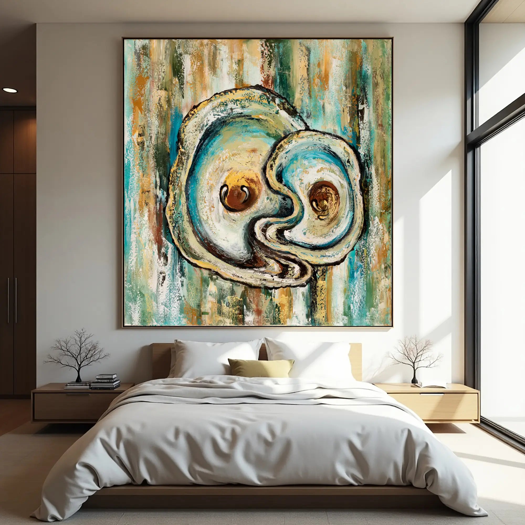 Tidal Echoes circular abstract canvas painting displayed in a contemporary bedroom