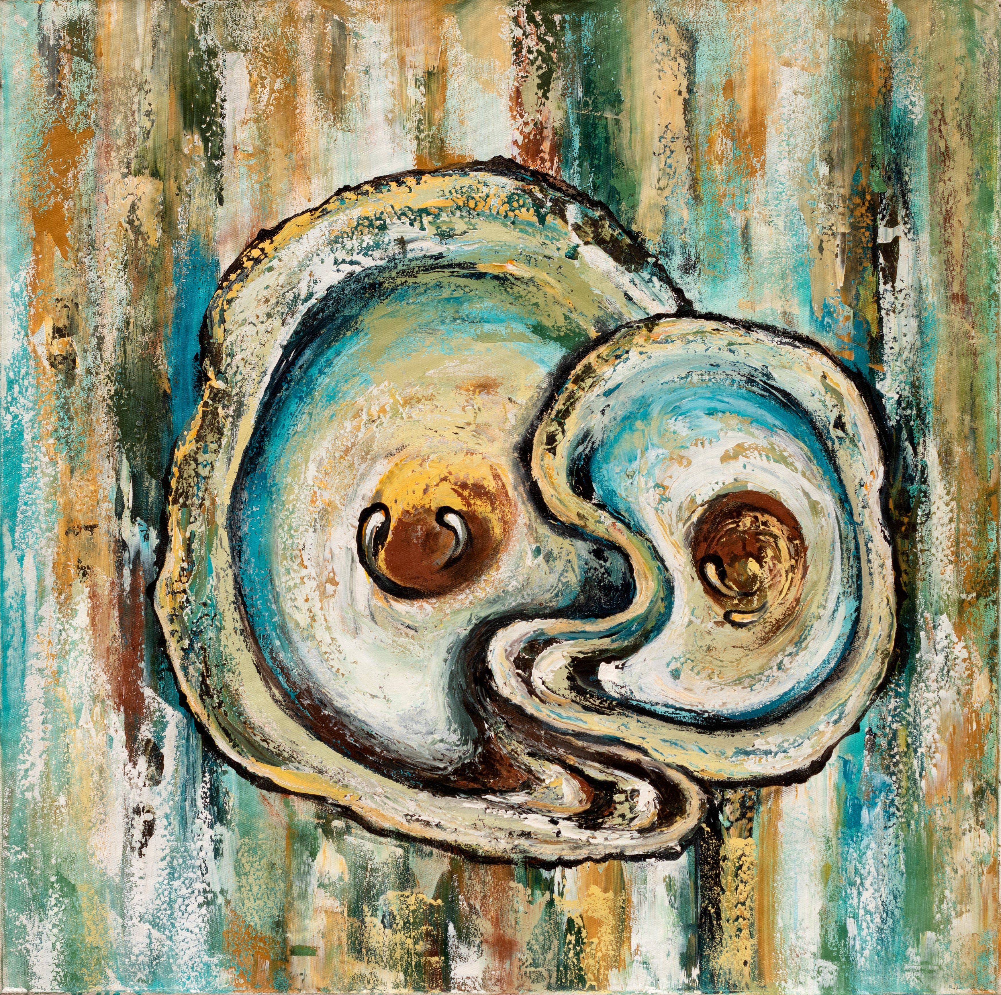Tidal Echoes oyster-inspired abstract painting with two cream and teal shell-like forms curling toward each other on a textured background