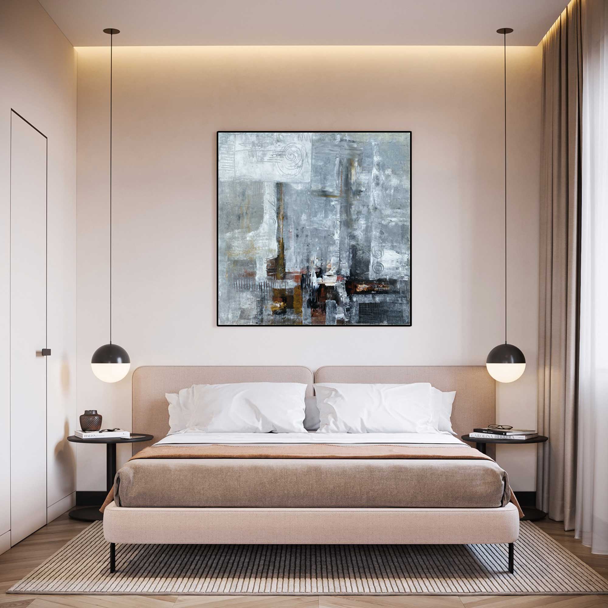 Blizzard - Abstract art category - modern bedroom art display - black frame style