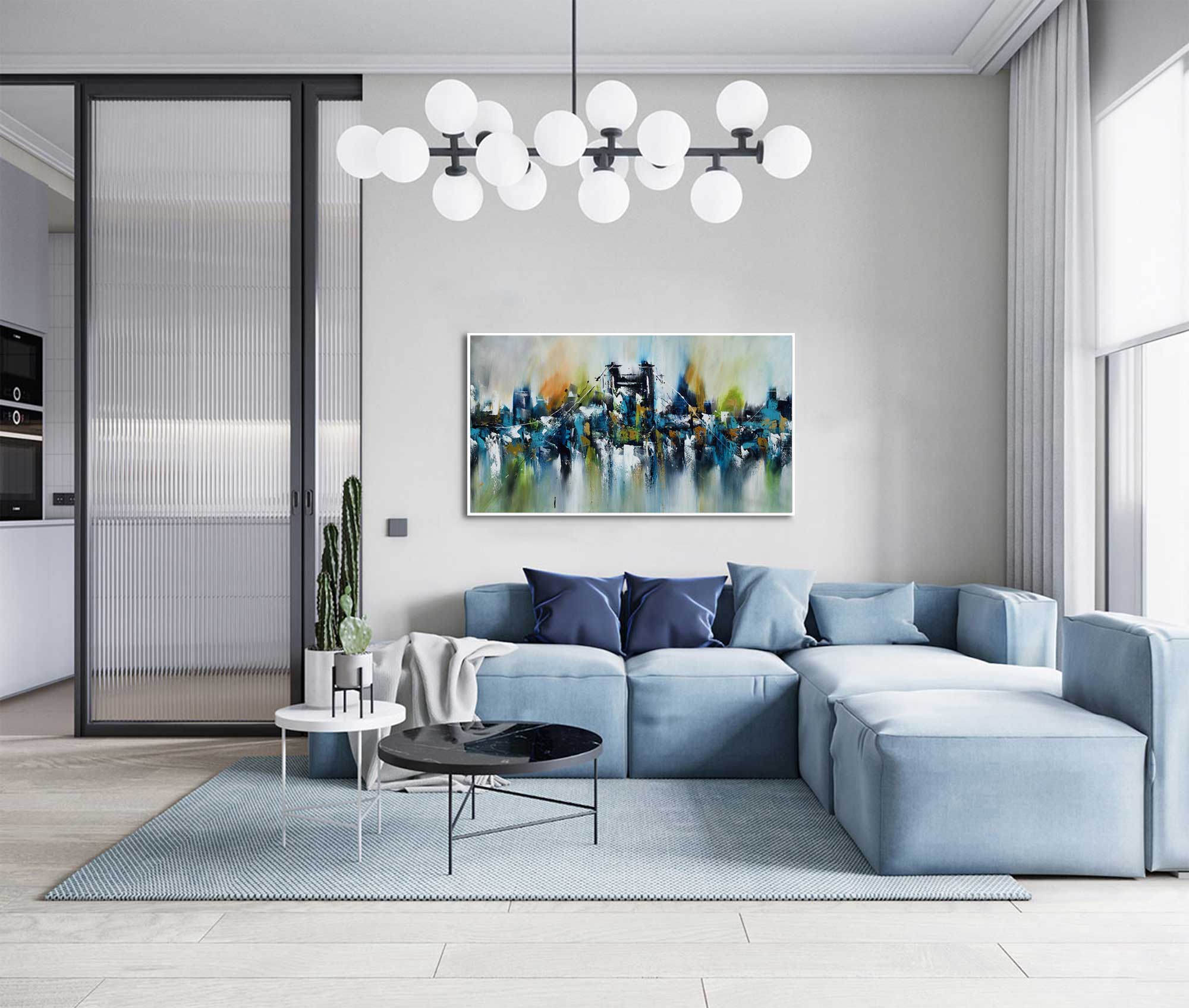 Bridge and the City - Cityscape art category - Blue sofa background - white frame