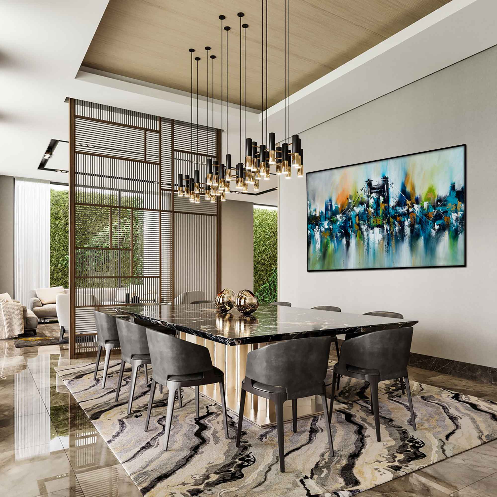 Bridge and the City - Cityscape art category - modern dining room background - black frame