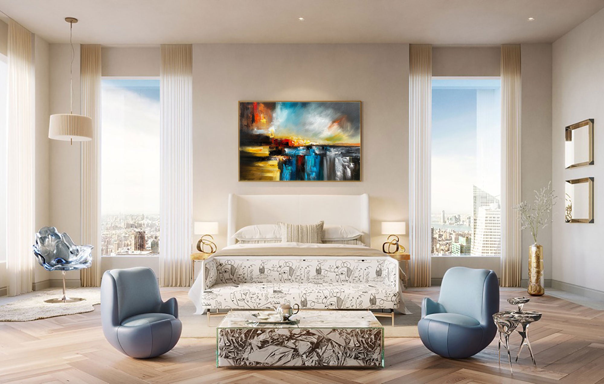 Colour Storm - Abstract art category - luxury bedroom room display - golden frame style