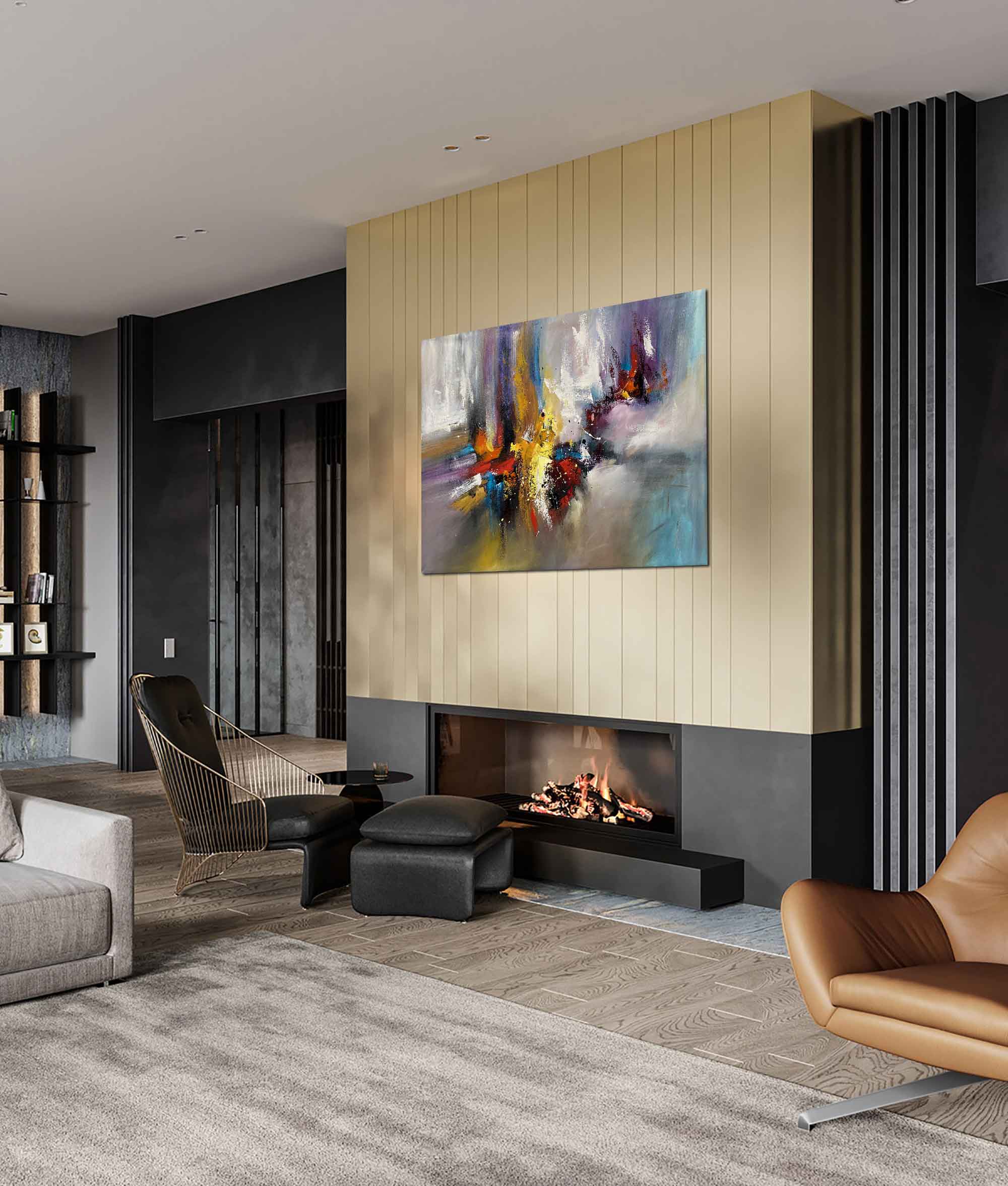 Colour Storm 2 - Abstract art category - modern living room fireplace display - gallery wrap style