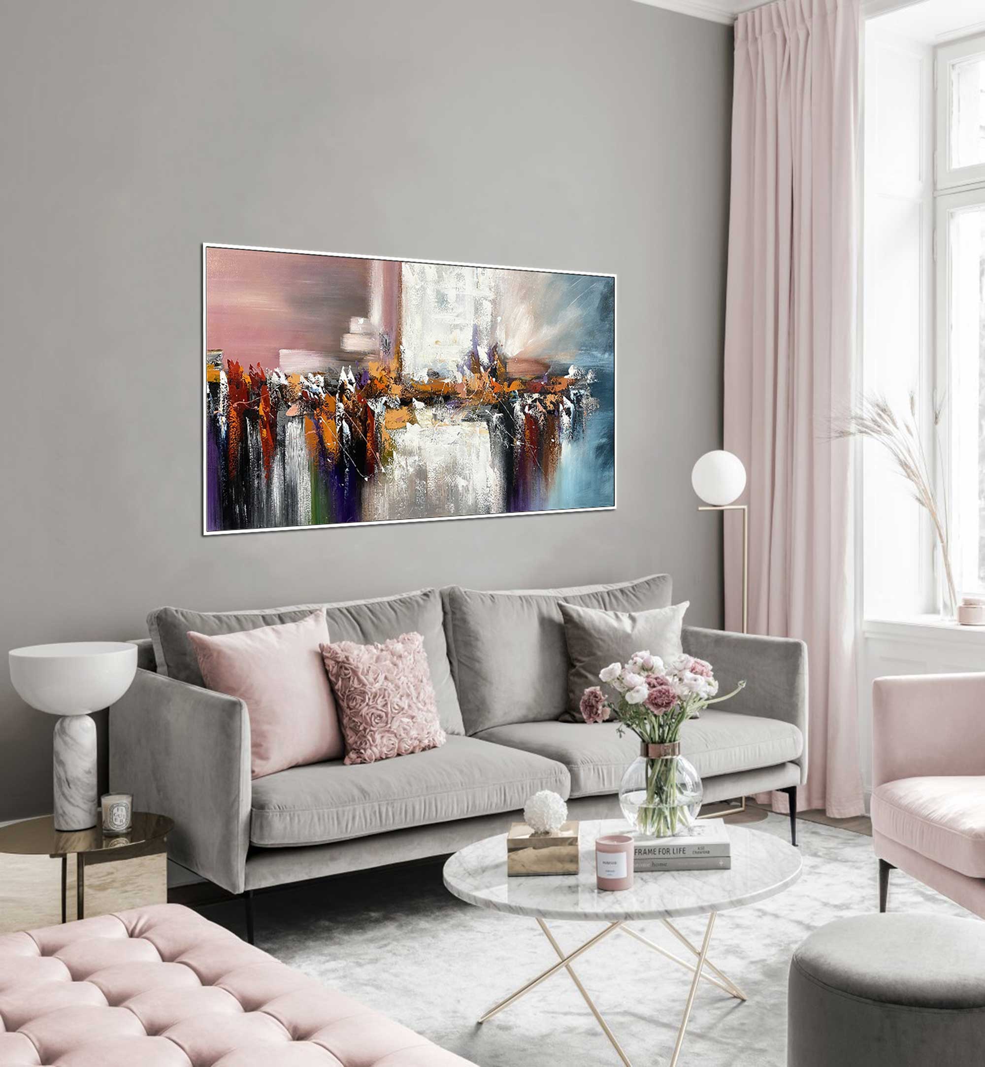 Dancing Colours 3 - Abstract art category - grey sofa modern living room background - white frame style