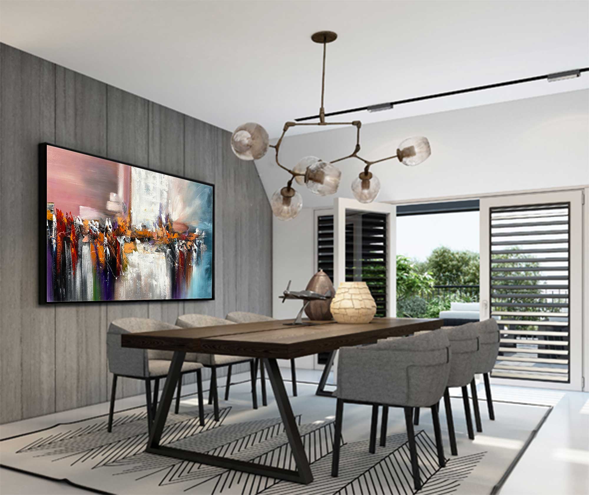 Dancing Colours 3 - Abstract art category - dining room background - floating black frame style