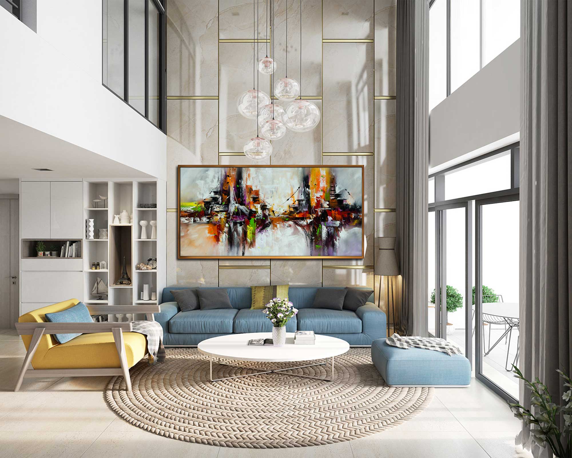 Dancing Duo - Abstract art category - teal sofa large wall display - golden frame style