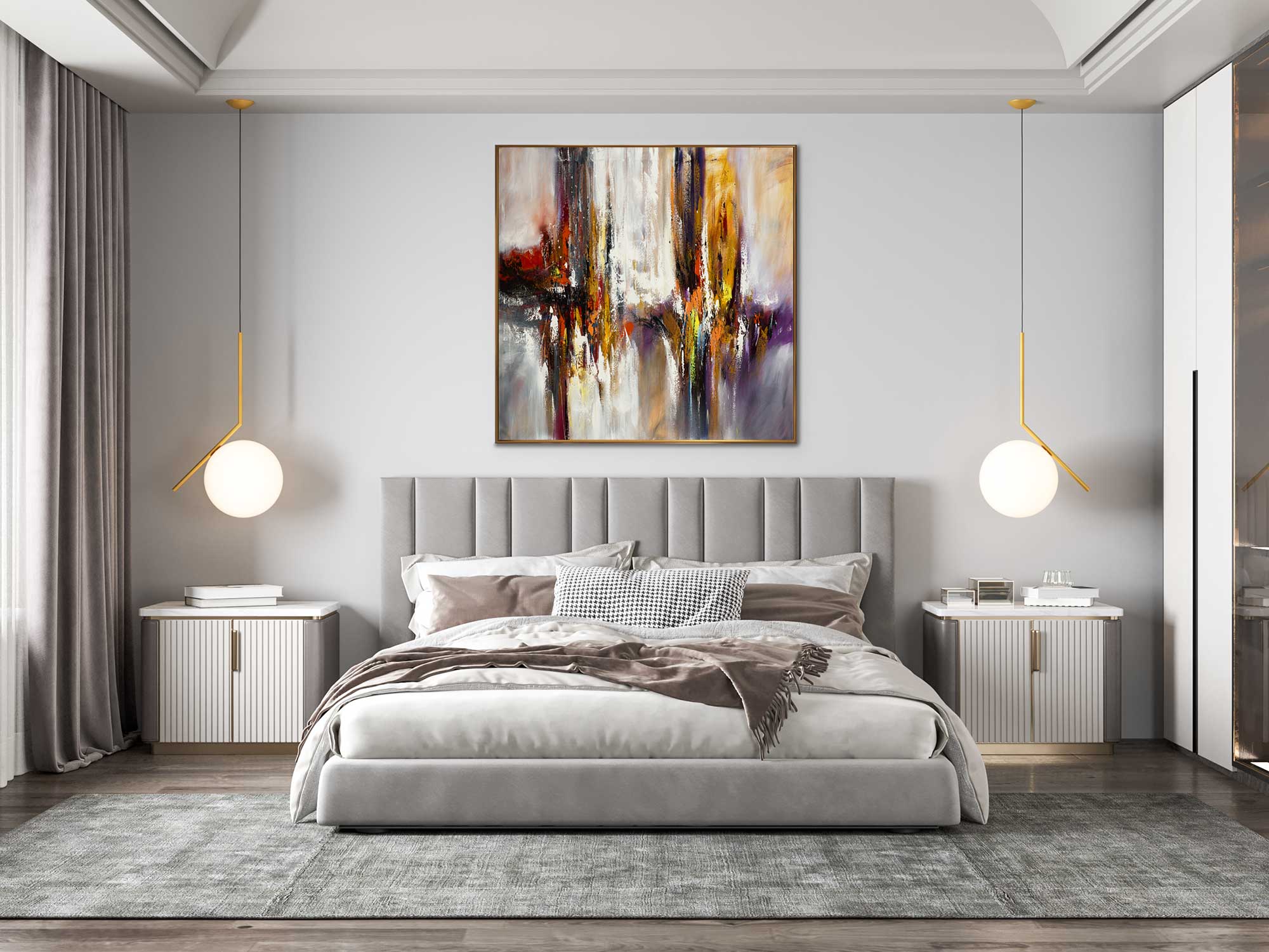 Abstract canvas painting above bedroom wall gold frame