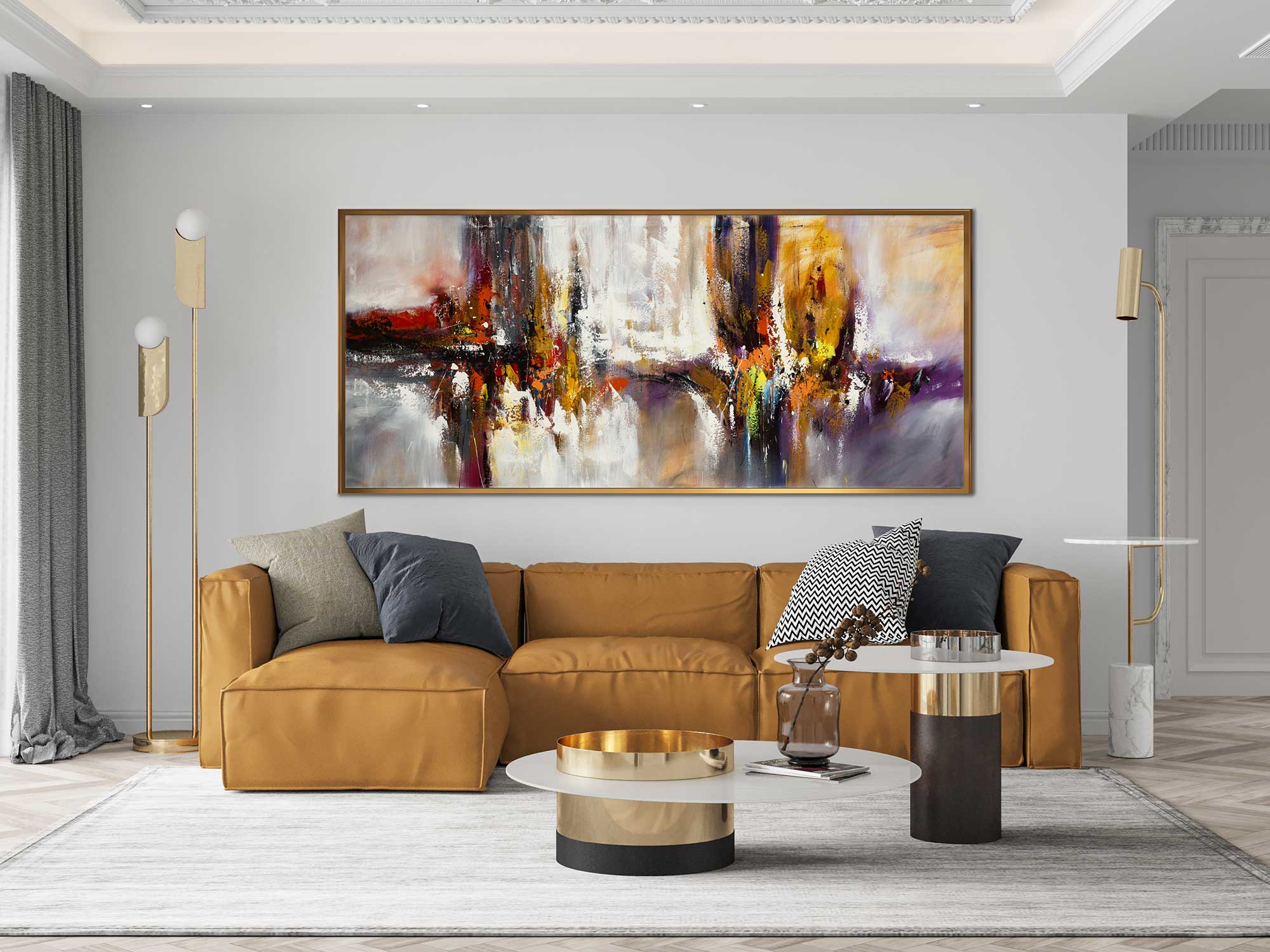 Dancing Together large abstract canvas wall art gold frame