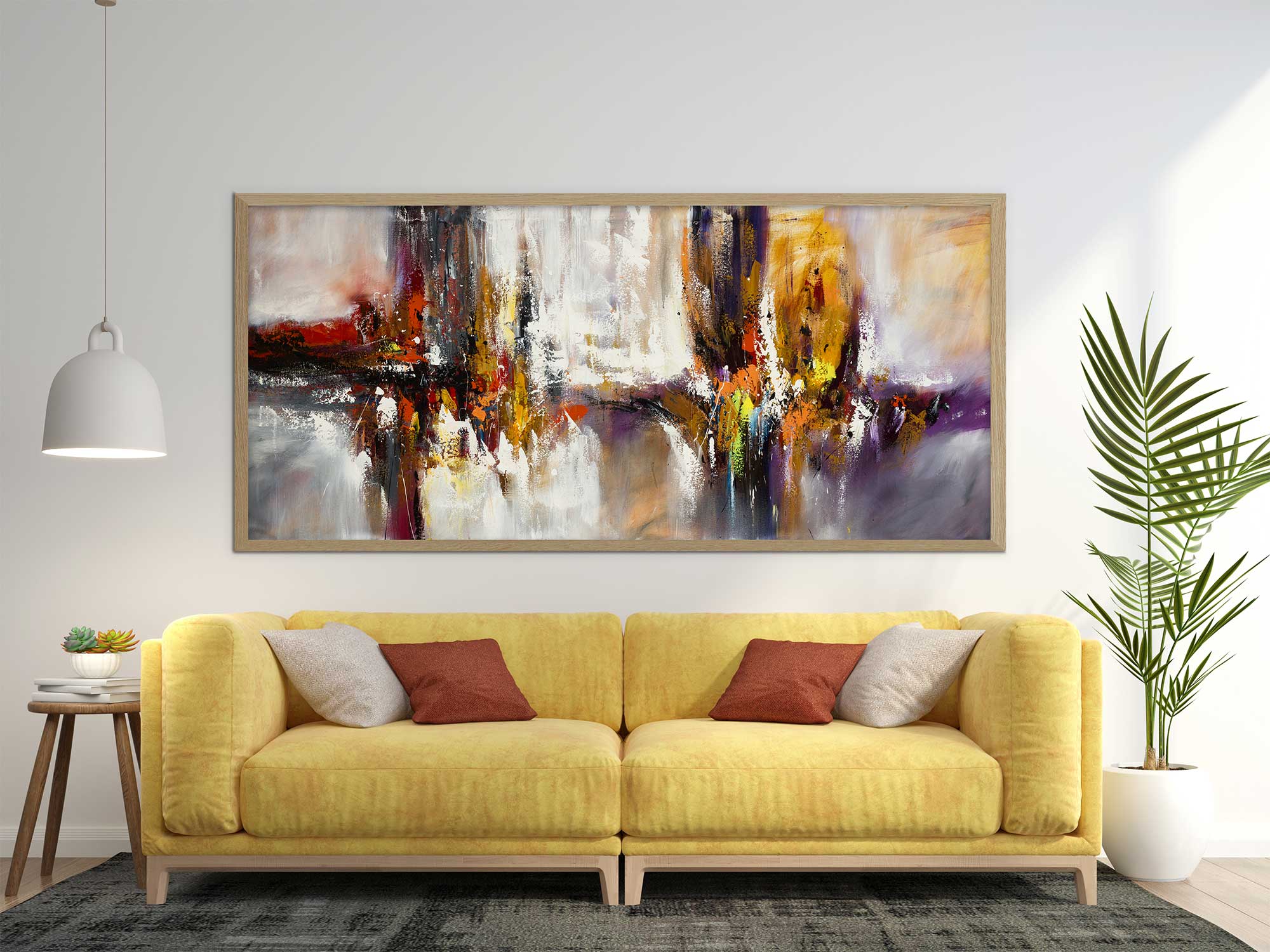 Abstract canvas wall art above yellow sofa modern interior