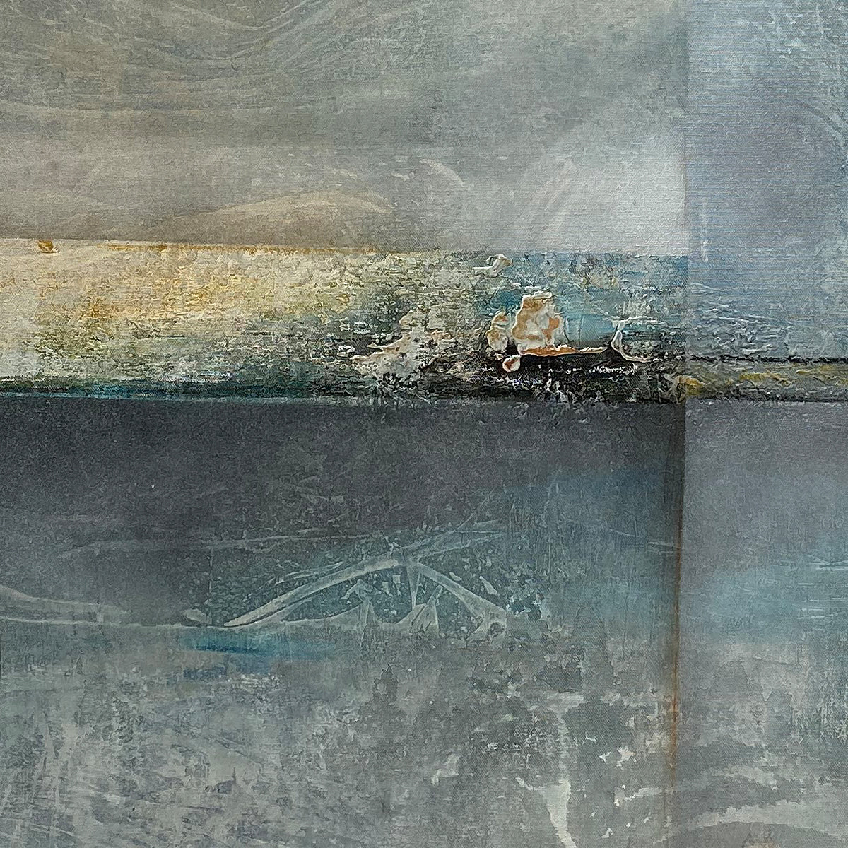 Spring Sky – close-up detail of original abstract painting by Madhav Singh showing textured horizon line in gold, grey and teal – hand-painted canvas texture
