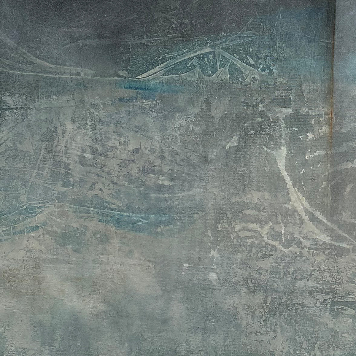 Spring Sky – close-up detail of original abstract painting by Madhav Singh showing layered teal and grey brushwork with raised texture – fine art canvas detail