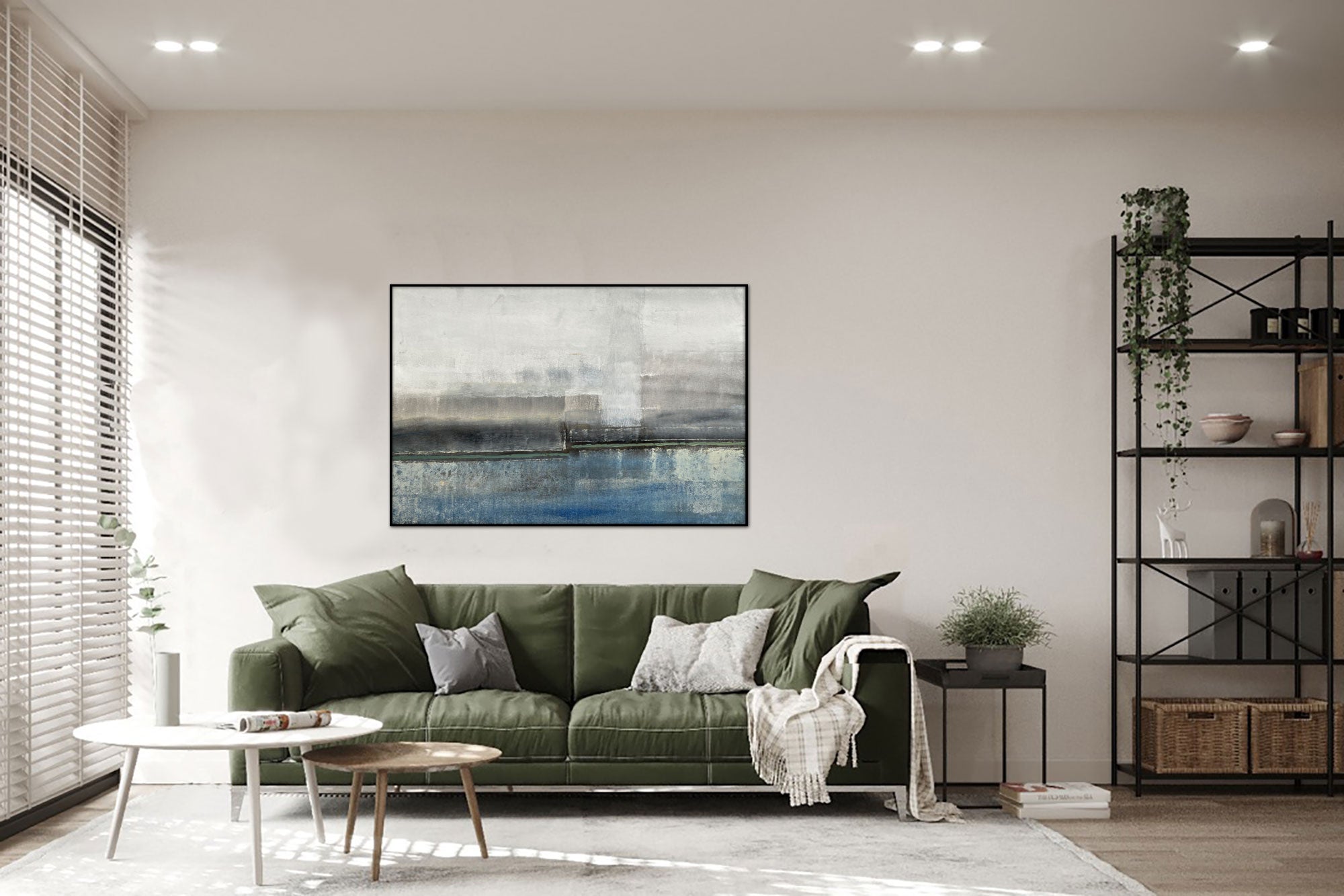 Foggy Day - Abstract art category - green sofa living room display - black frame style