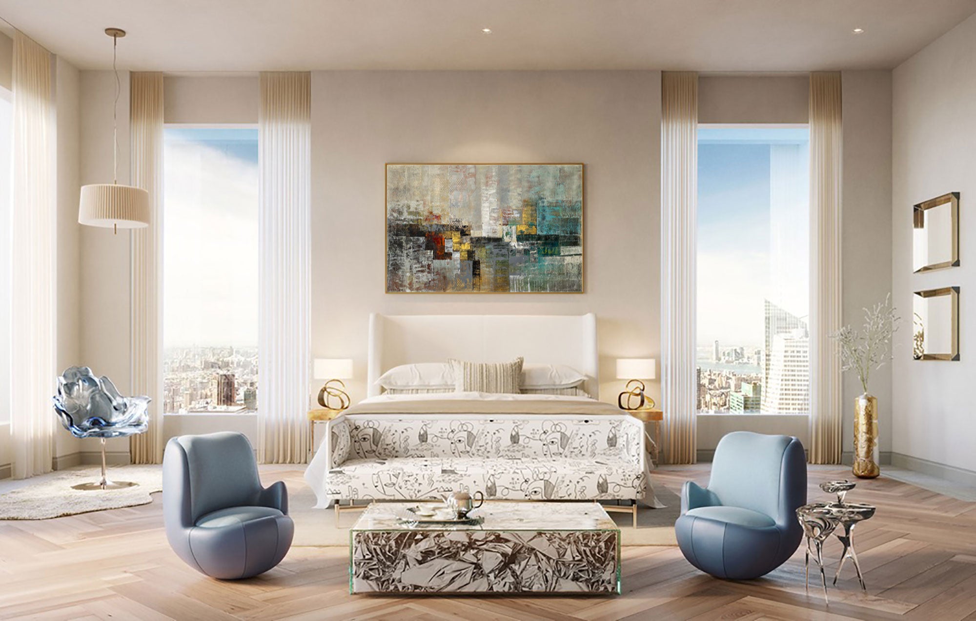 Happiness - Abstract art category - luxury bedroom room display - golden frame style