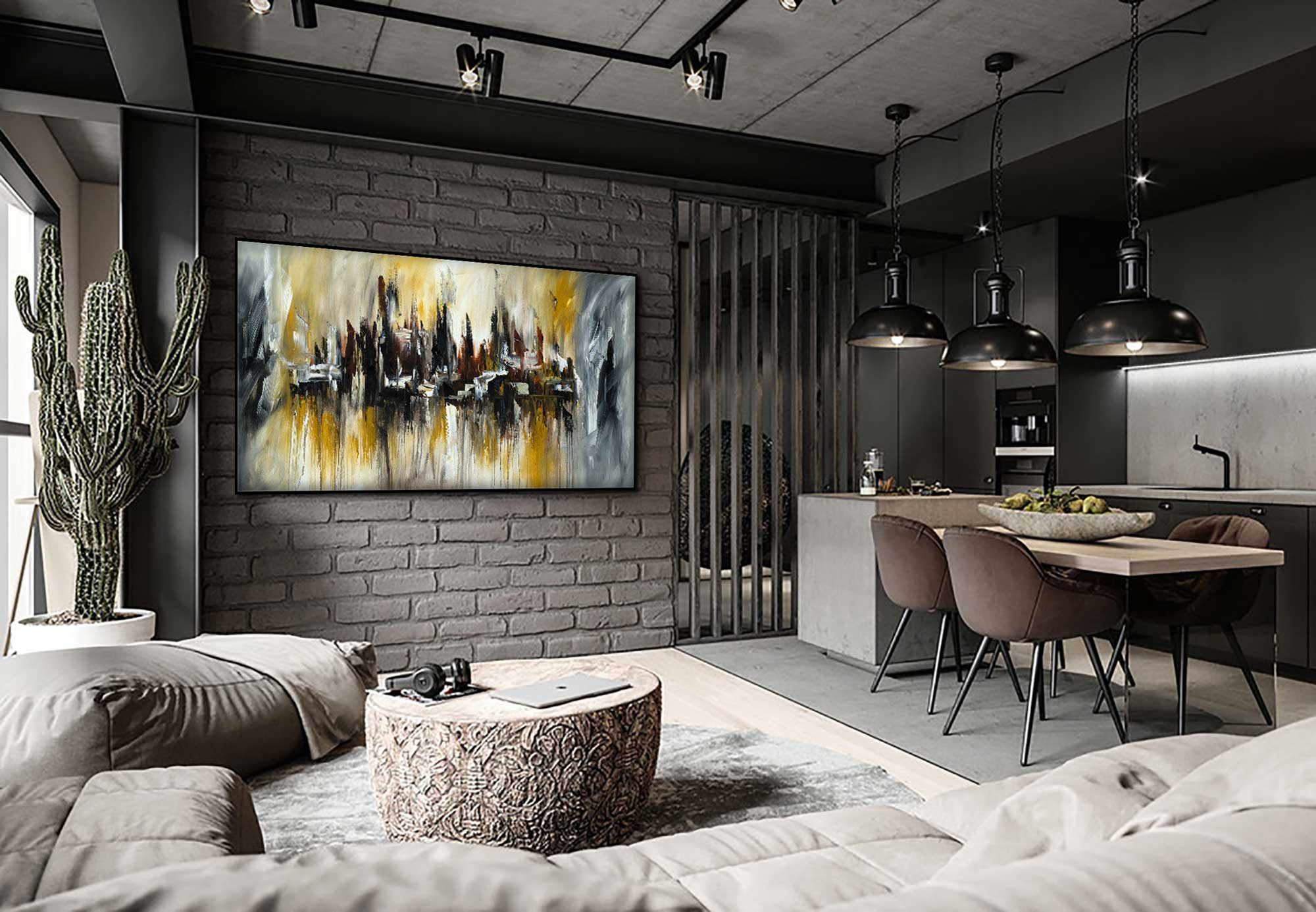 Hazy Downtown - Cityscape art category - coffee table brick wall background - black frame style