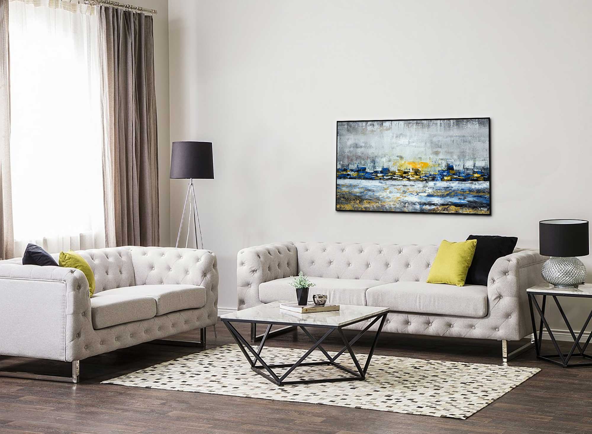 Hope - Abstract art category - wall above sofa side view - black frame style