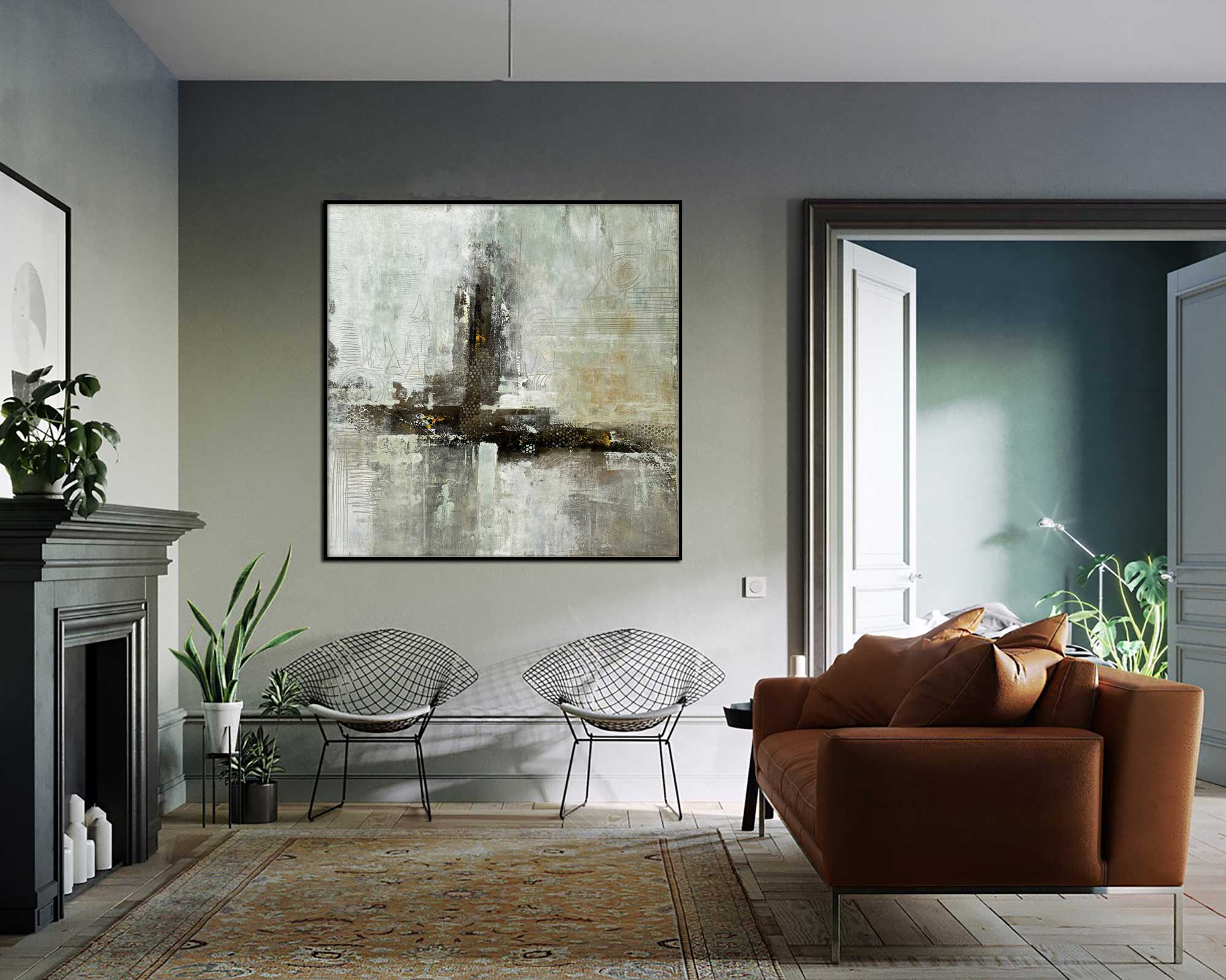 Moss Forest - Abstract art category - Modern brown sofa background - black frame style