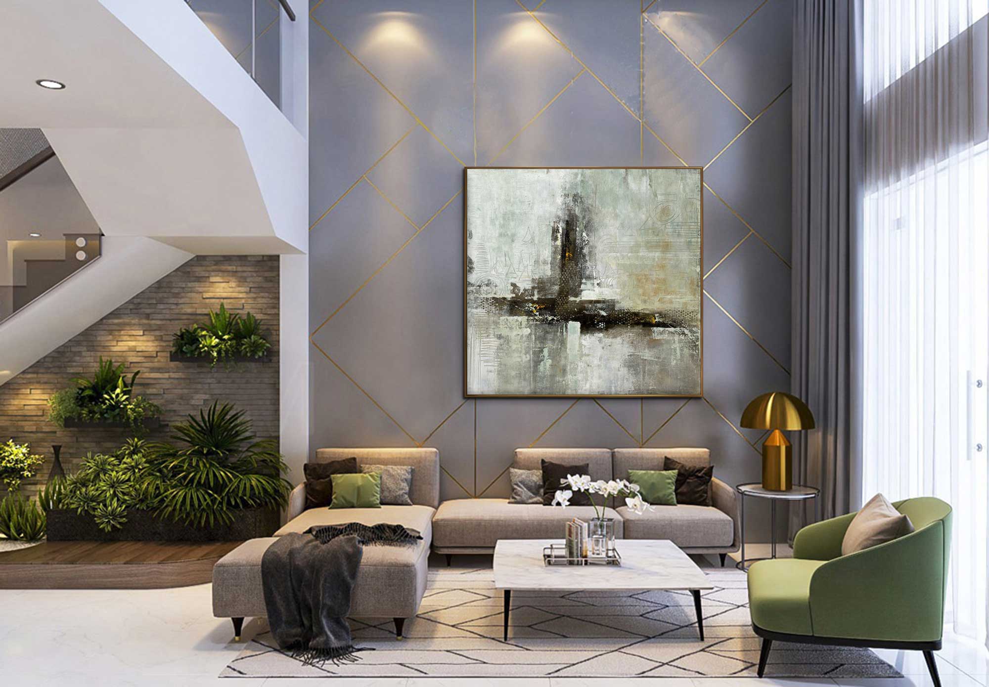 Moss Forest - Abstract art category - large wall background - golden frame style