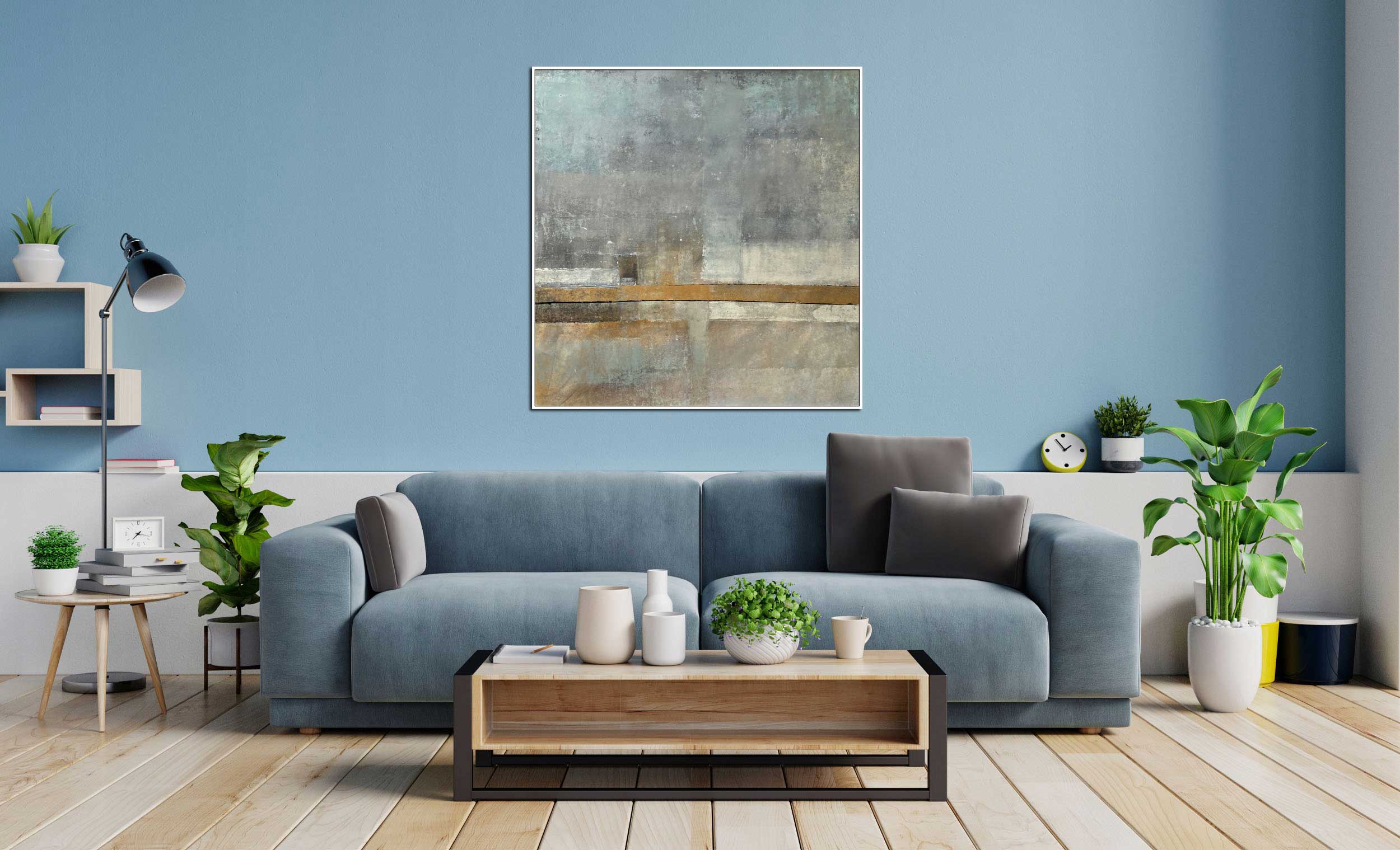 Quietness - Abstract art category - Blue sofa background - white frame style