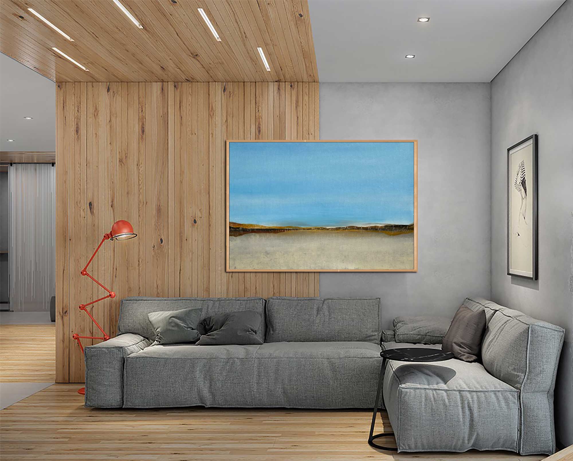 Sand Dunes - Abstract art category - wooden floor and ceiling panel grey sofa - wooden frame style