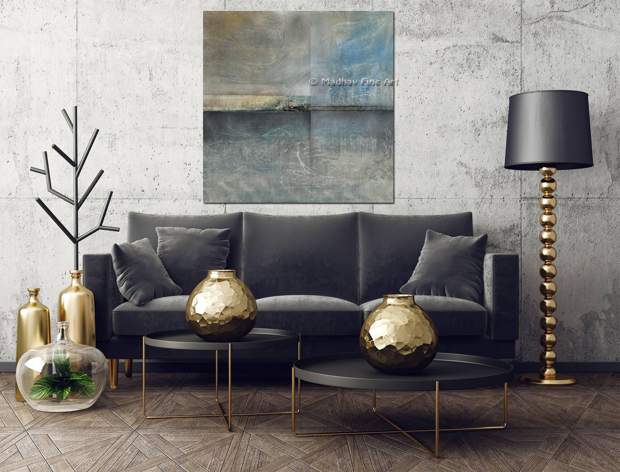 Spring Sky – large original abstract painting by Madhav Singh displayed above grey velvet sofa on concrete wall – gallery wrap style – abstract art for living room UK