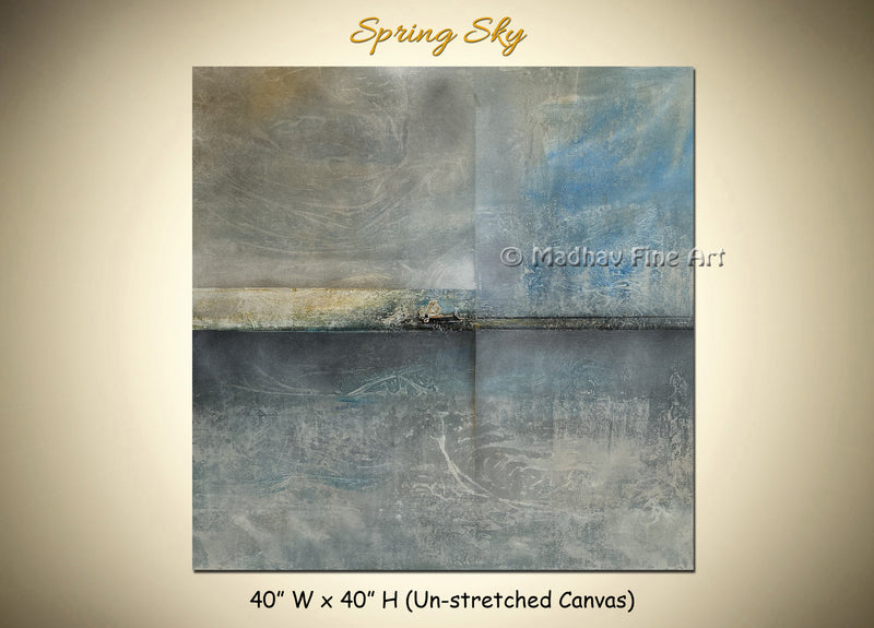 Spring Sky – original abstract painting by Madhav Singh, soft grey, blue and sand tones, 40x40 inch canvas – large square abstract art UK
