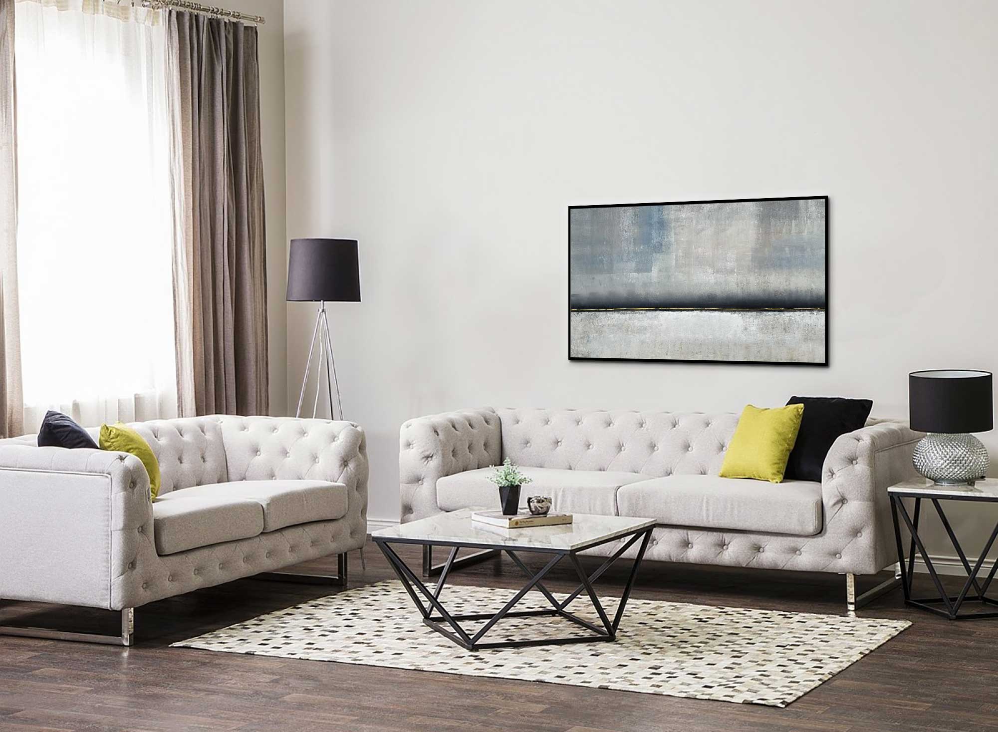 Stillness - Abstract art category - wall above sofa side view - black frame style