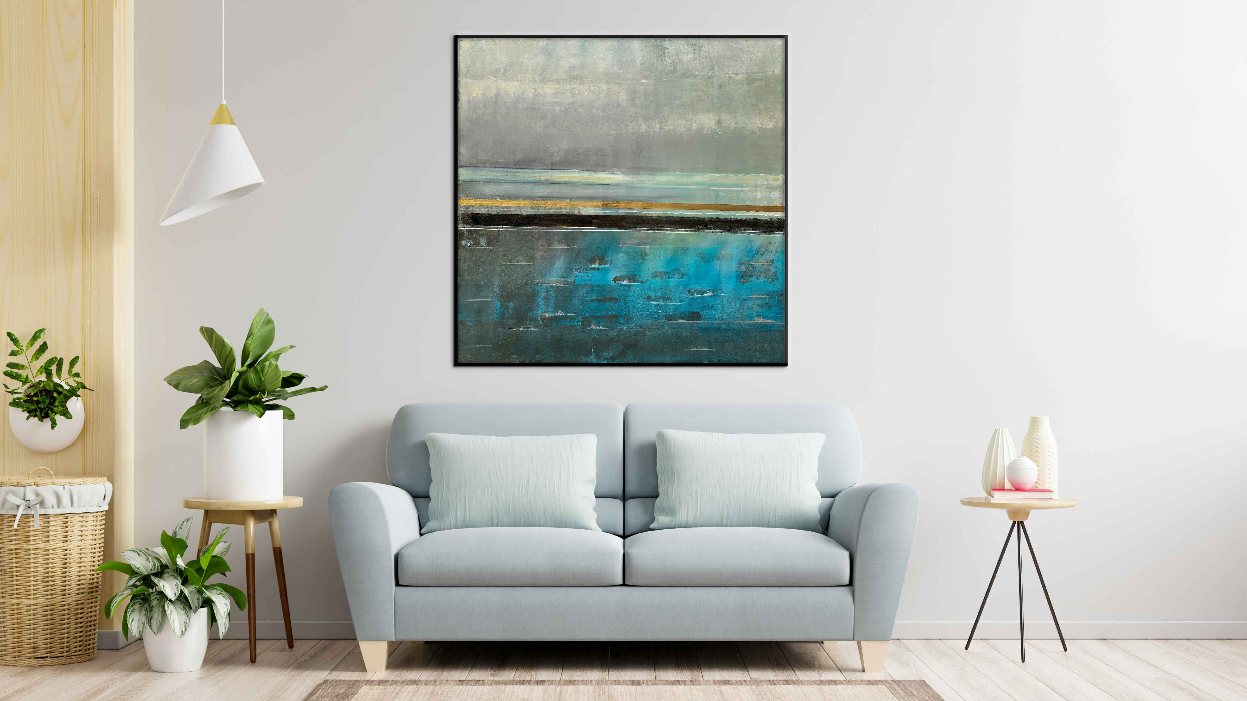Summer Rain - Abstract art category - Light Blue sofa background - black frame style