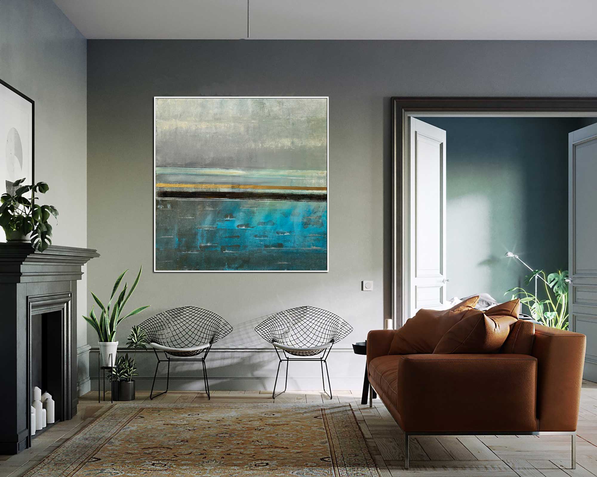 Summer Rain - Abstract art category - Modern brown sofa background - white frame style