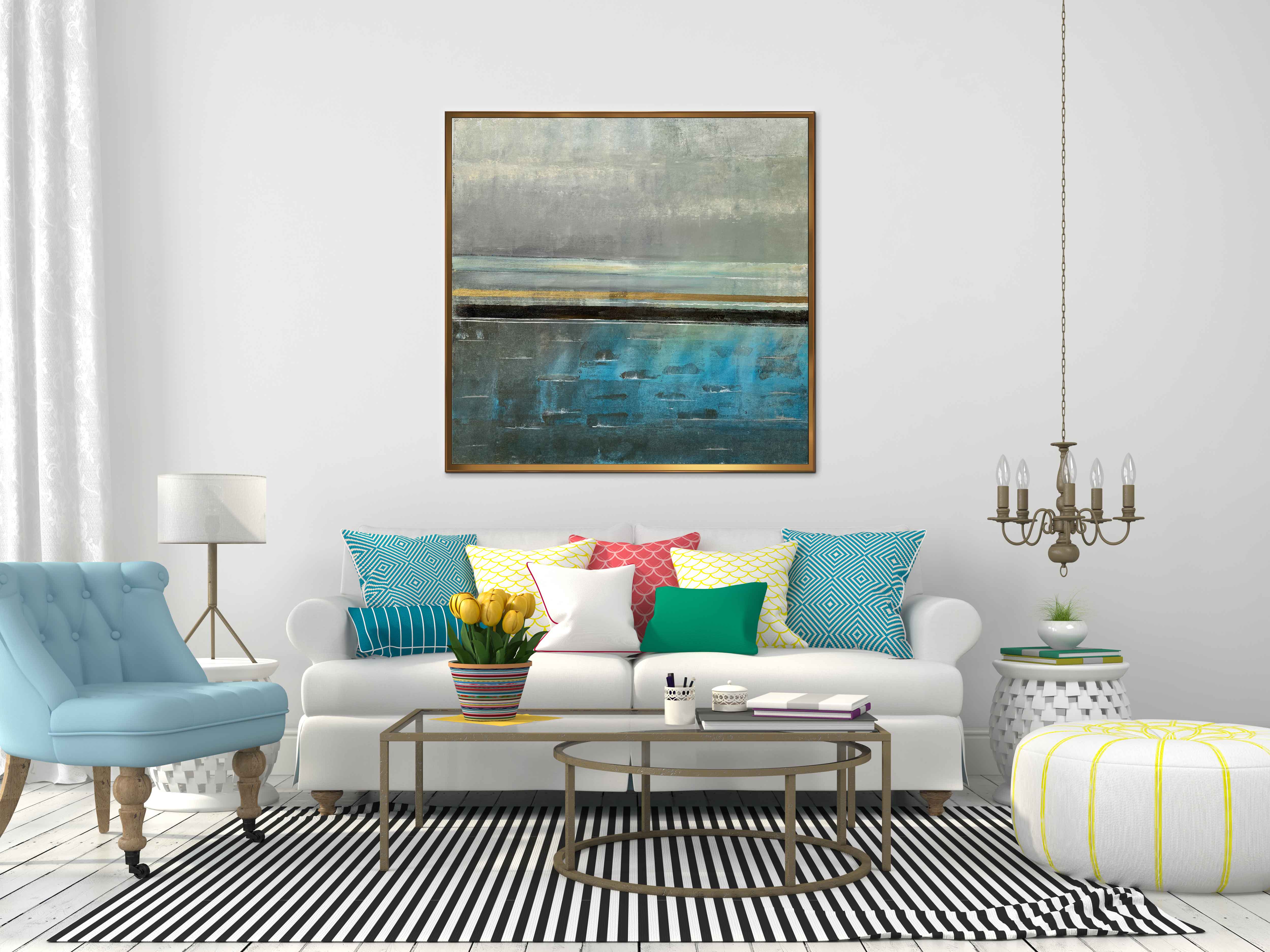 Summer Rain - Abstract art category - White sofa background - Golden frame style