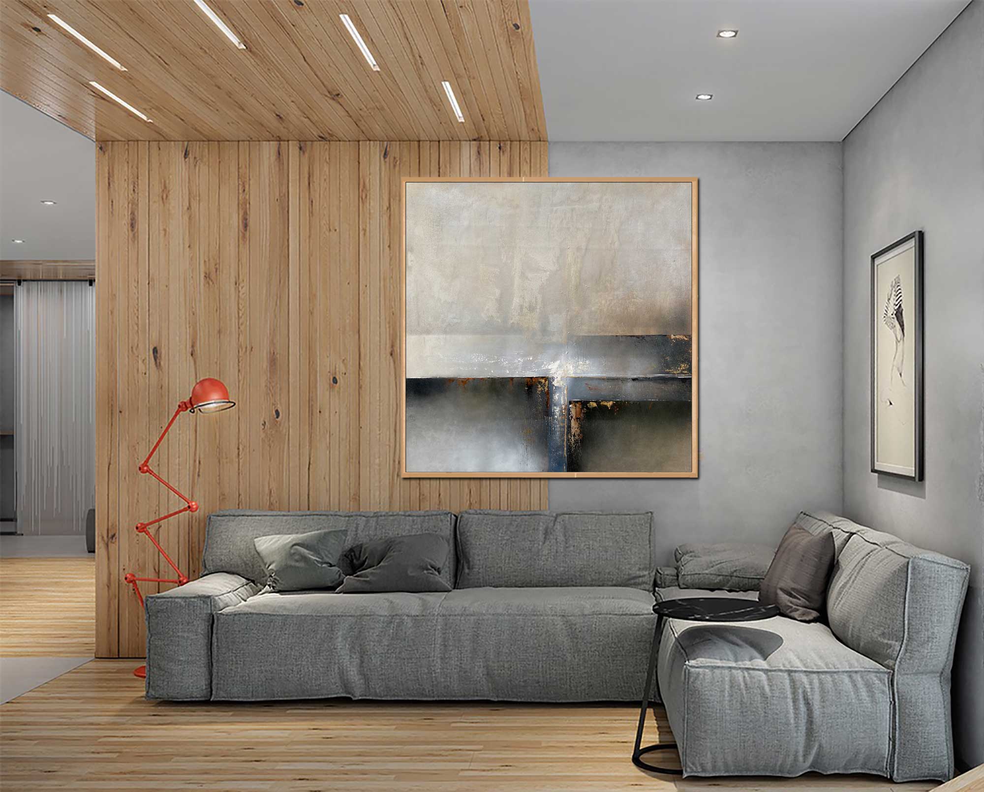 The-Pathway - Abstract art category - wooden floor and ceiling panel - grey sofa - wooden frame style