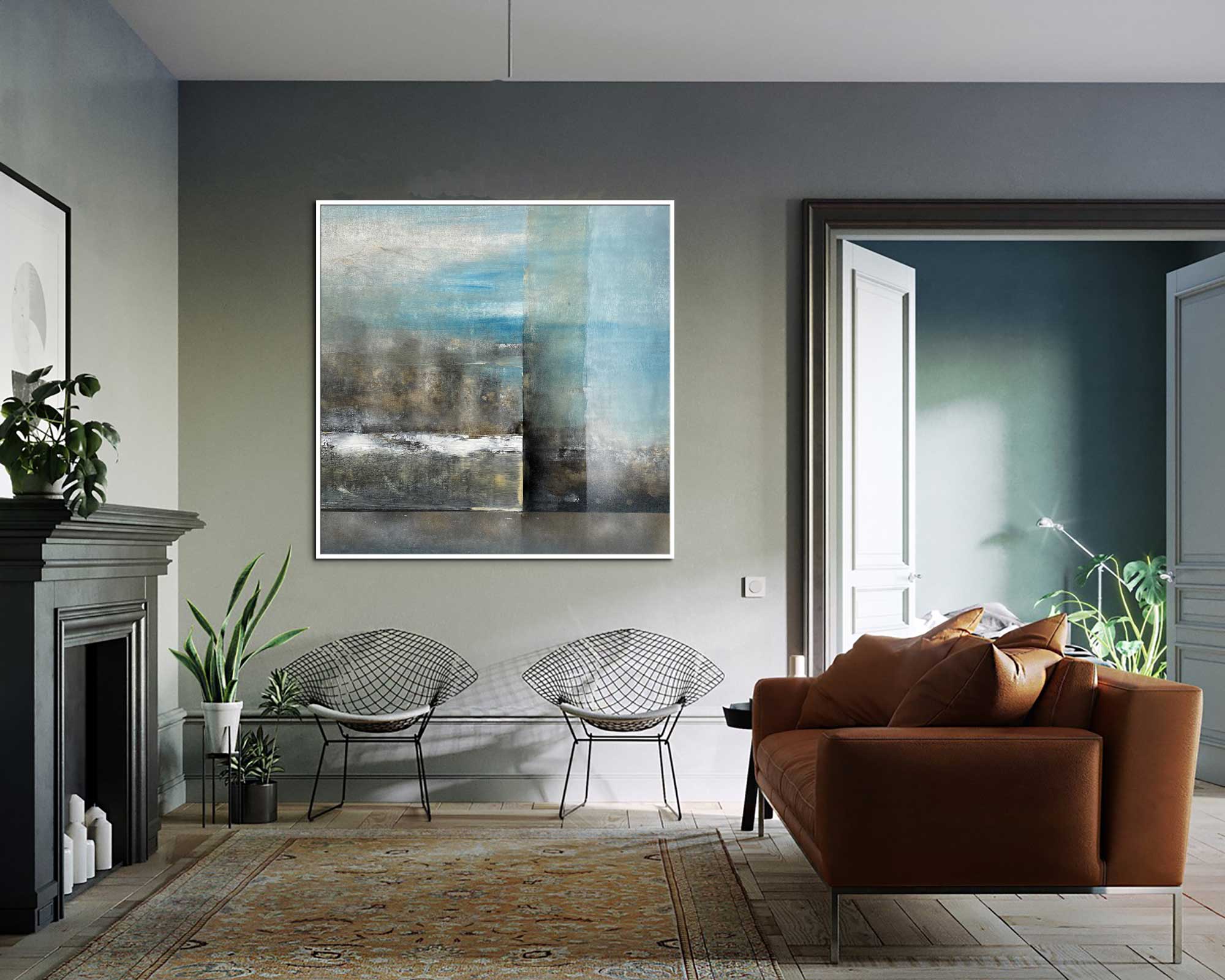 Underwater - Abstract art category - Modern brown sofa background - white frame style