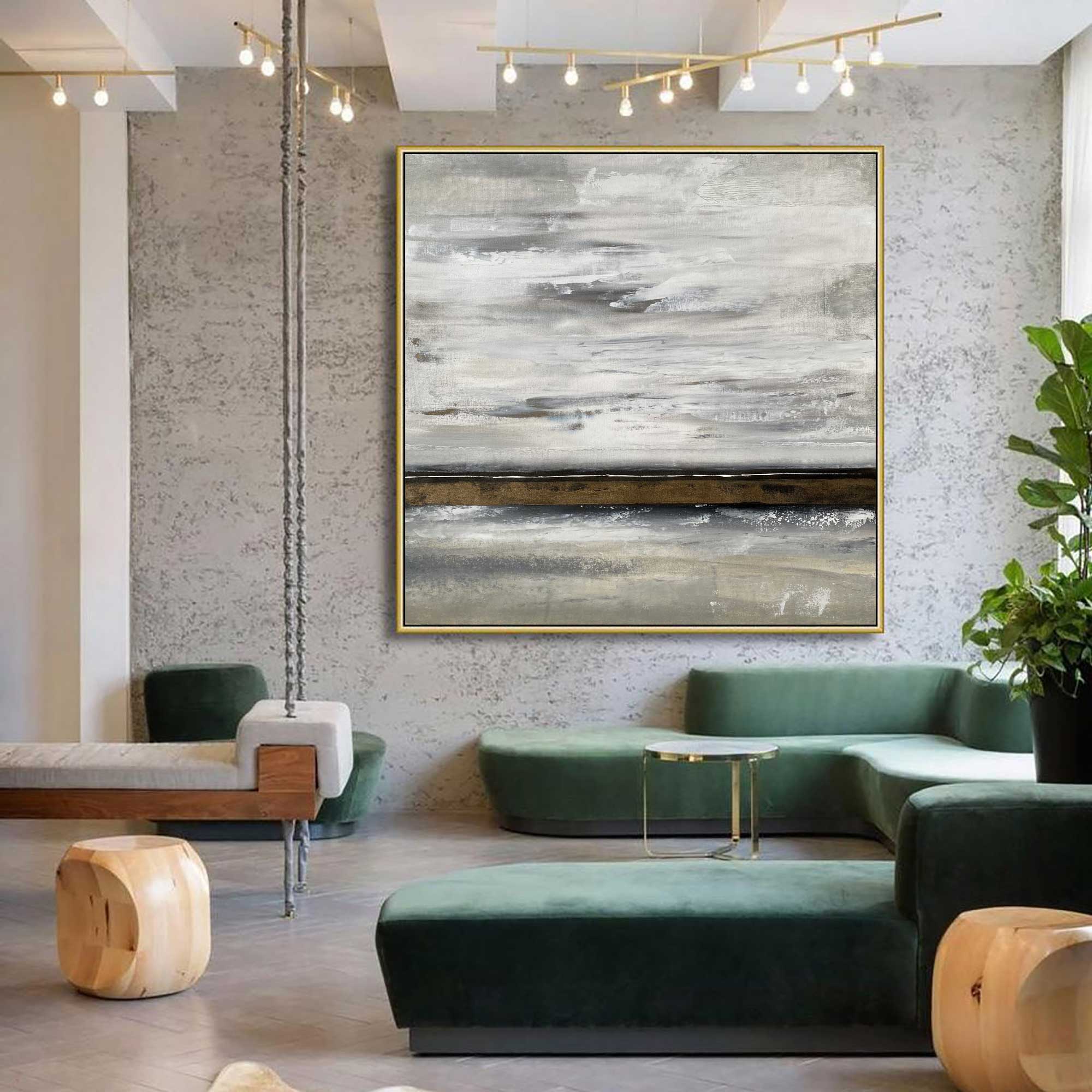 Winter Field - Abstract art category - Modern green sofa background - golden frame style