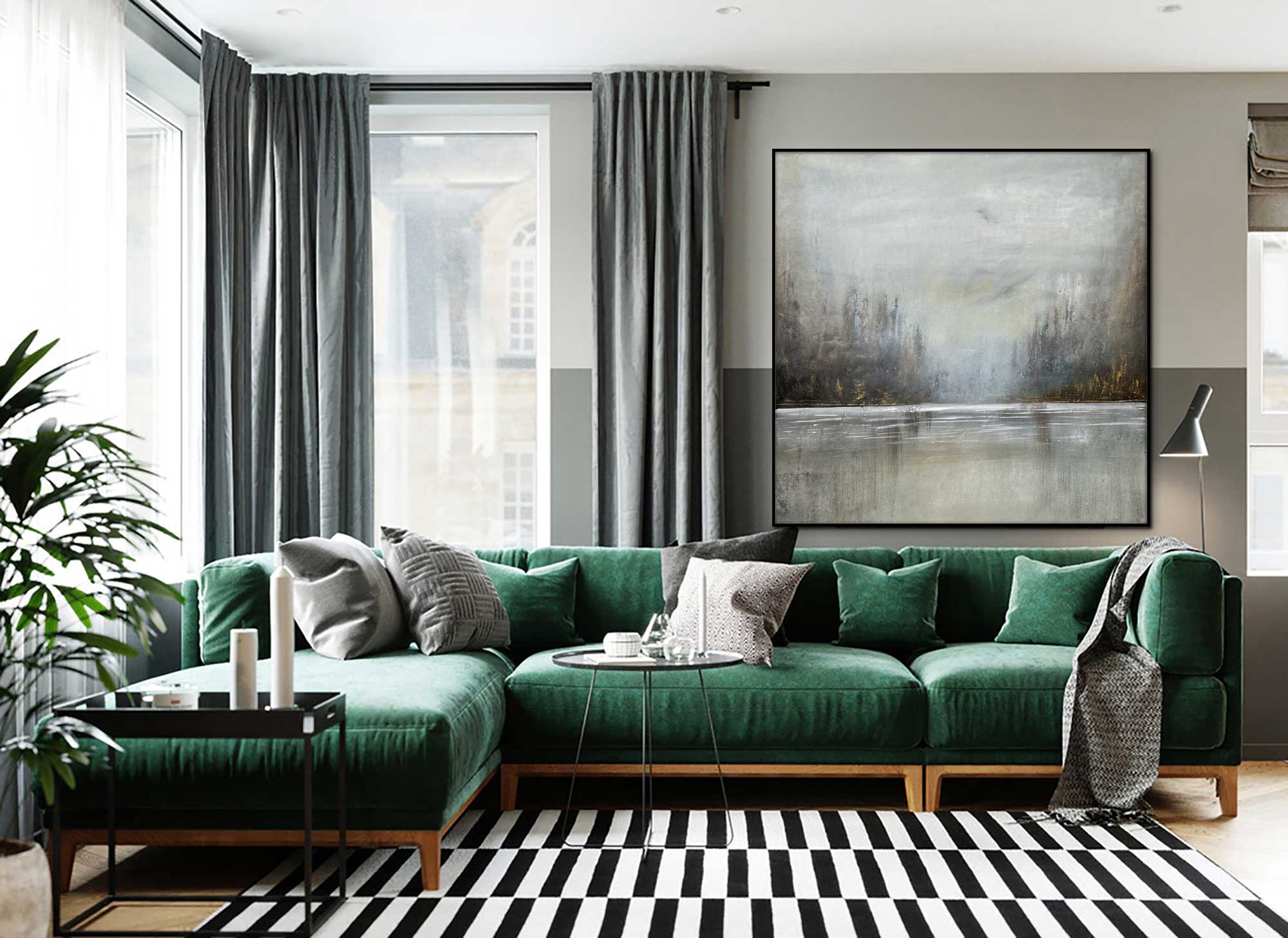 Winter Forest - Abstract art category - Green sofa background - black frame style
