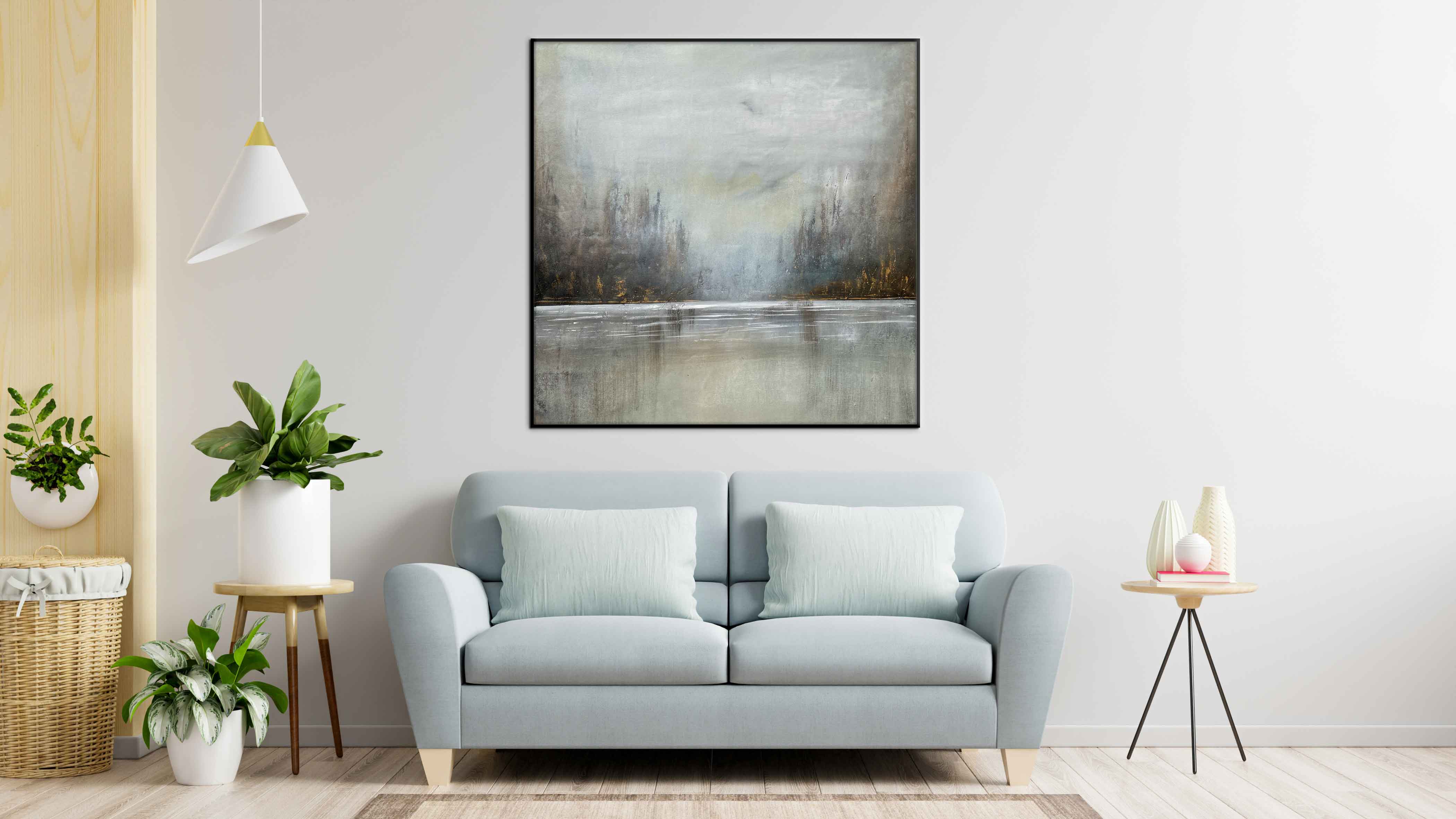 Winter Forest - Abstract art category - Light Blue sofa background - black frame style