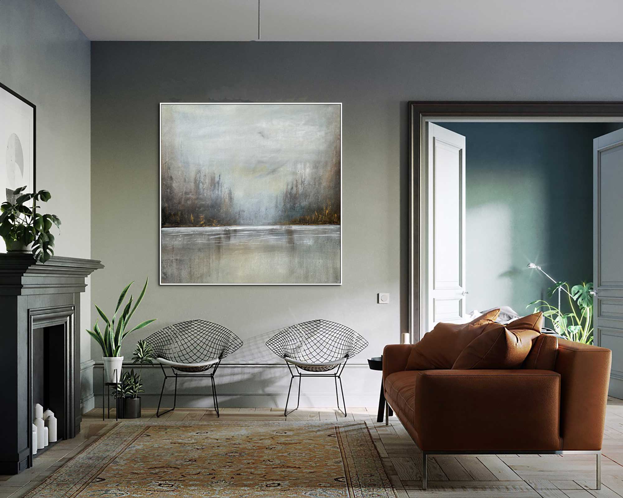 Winter Forest - Abstract art category - Modern brown sofa background - white frame style