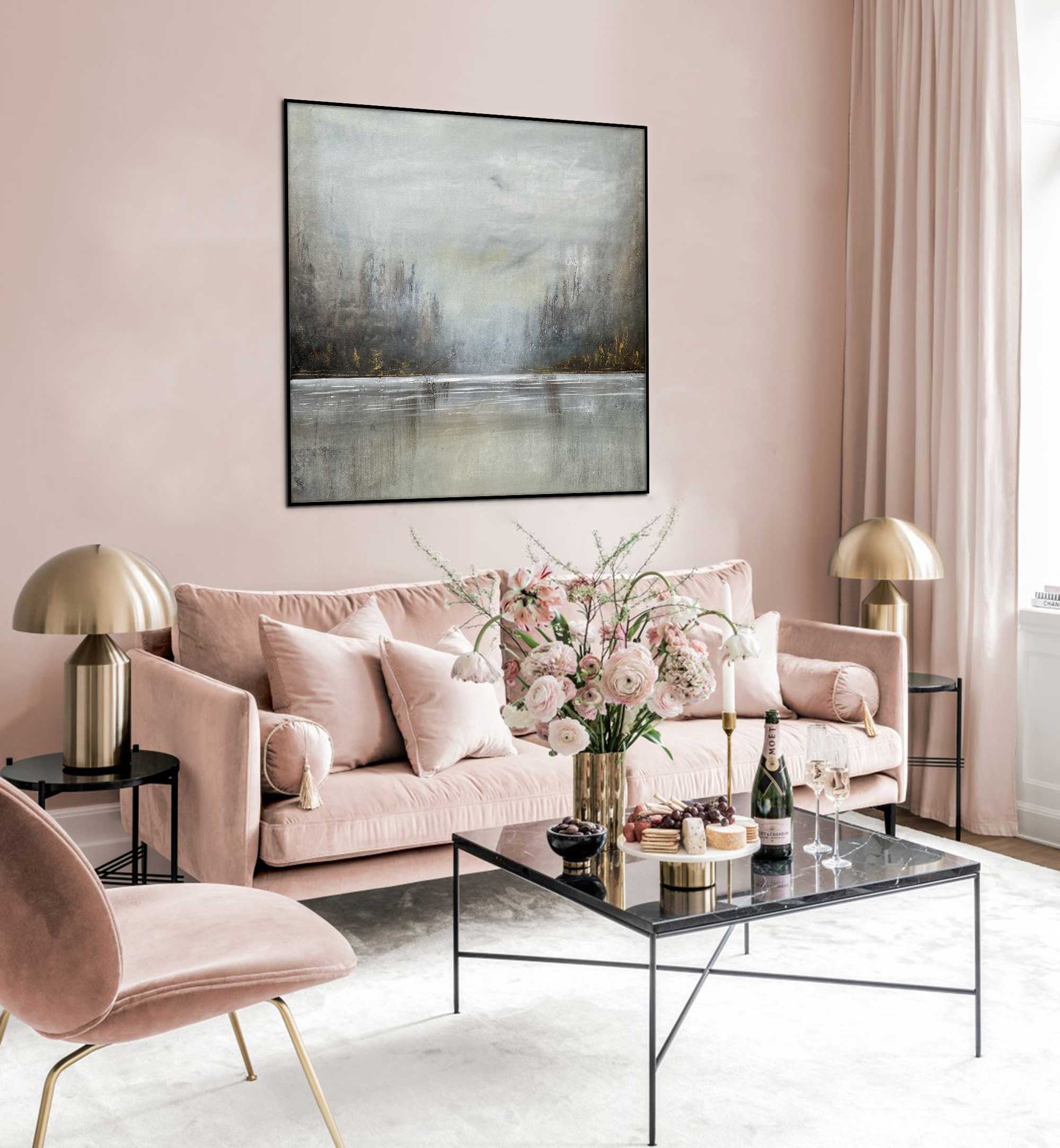 Winter Forest - Abstract art category - Pink background - Black frame style