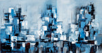 Blue Metropolis wide blue abstract cityscape painting with layered architectural blocks, skyline-like forms and reflective horizontal bands