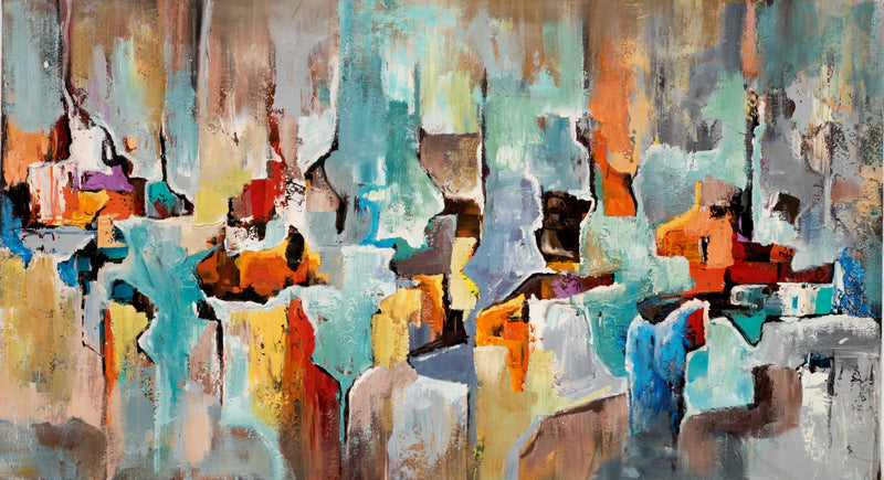 Fragments of Motion wide abstract painting with fragmented turquoise, pale blue, cream, grey, orange and black forms
