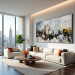 Golden Faultline abstract painting above a sofa in a bright living room with city views