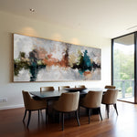 Quiet Divide teal-accented abstract painting above a dining table in a bright room with garden views