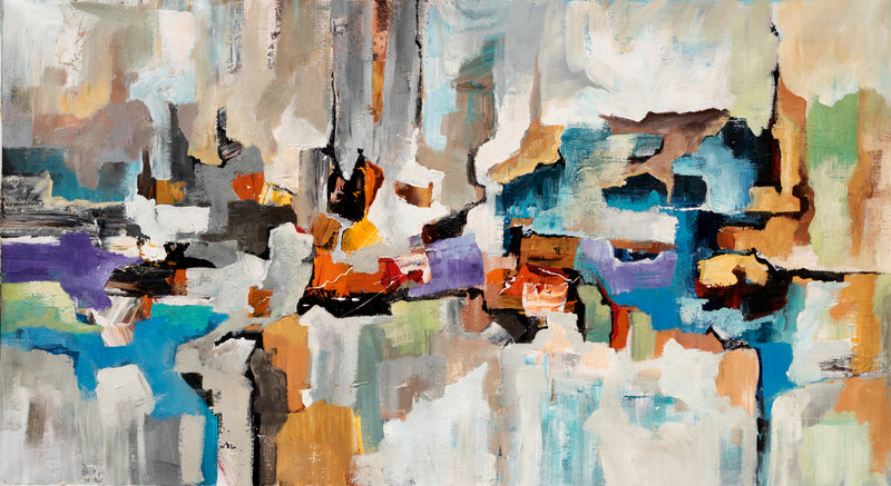 Restless Horizon wide neutral abstract painting with turquoise, blue, cream, grey, black, rust and ochre layered forms