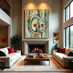Tidal Echoes large abstract wall art displayed above a fireplace in a modern living room