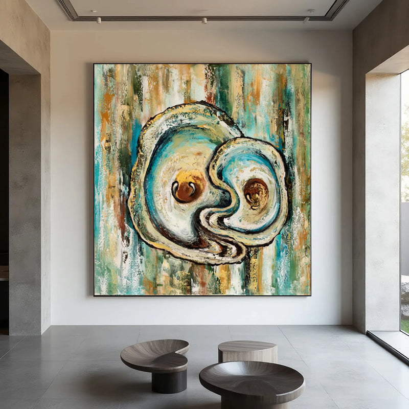 Tidal Echoes oyster-inspired abstract painting with two flowing faces in a spiral composition